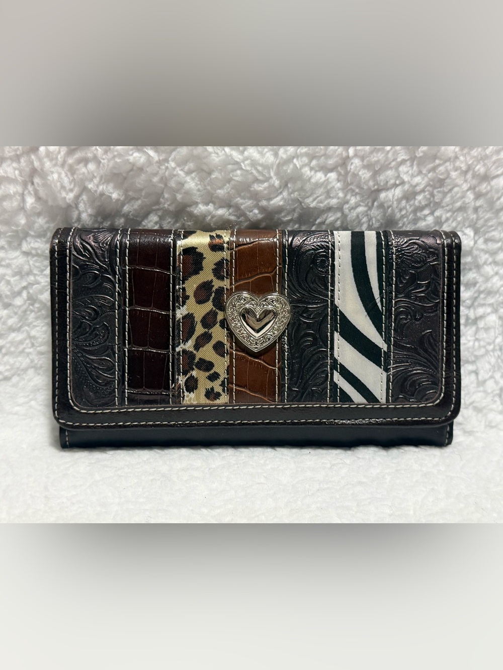 Texas Leather Manufacturing Brown Cream Black Multi-Pattern Heart Wallet